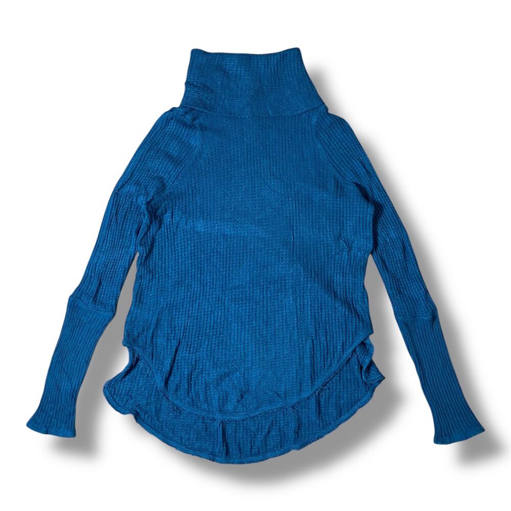 Free People Boho Waffle Knit Turtleneck Sweater Size S Blue